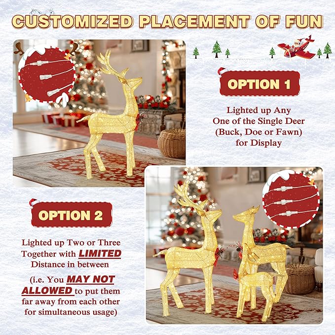 BlueWish Outdoor Christmas Decorations, 3-Piece Golden Christmas Reindeer Decor with Bow Ties, 200 LED Lights, Pre-lit Outdoor Christmas Decor for Garden, Yard, Porch