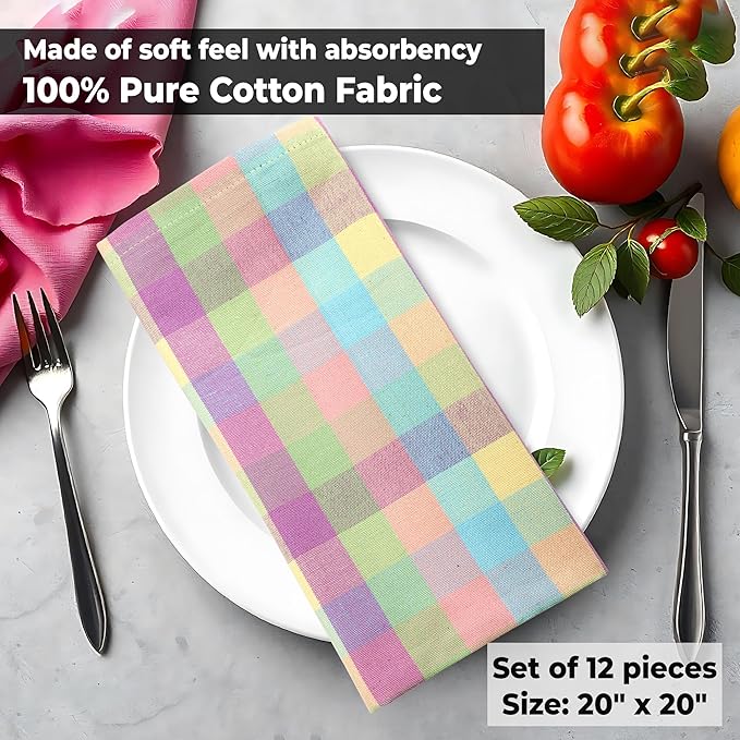 Urban Villa Easter Cloth Napkins (Set of 12)100% Cotton Highly Absorbent Dinner Napkins 20x20 Inches Soft Durable Reusable Washable Easter Checks Table Dinner Napkins for Home Parties Wedding Napkins