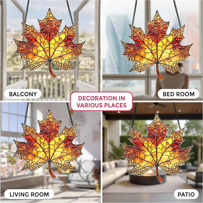Maple Fall Leaves Suncatcher for Window Hanging, Fall Leaf Decorations, Autumn Leaf Acrylic Ornament, Thanksgiving, Halloween, Christmas, Birthday Gifts for Women, Nature Lovers, Home Decor