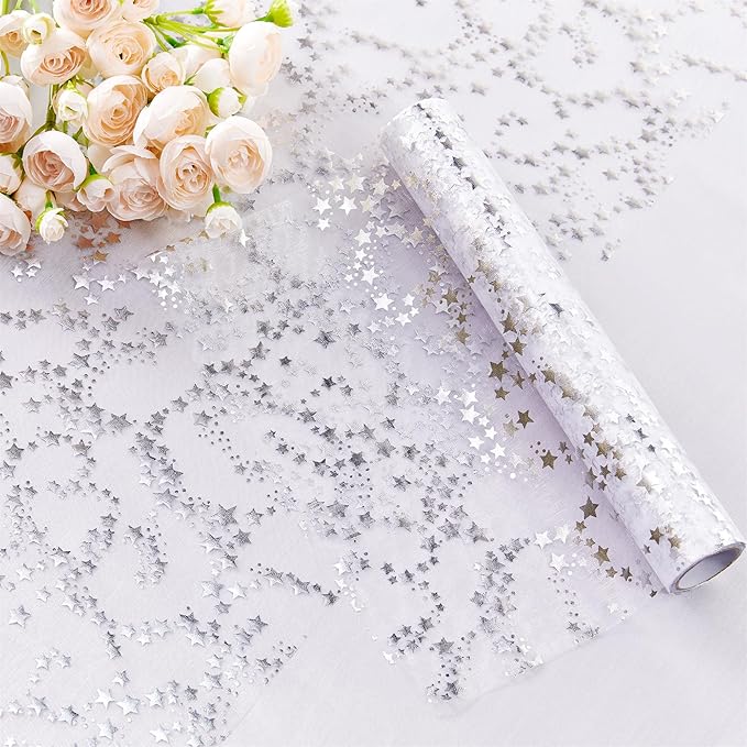 YATOJUZI Silver Table Runner,16 Ft Star Sheer Chiffon Tulle Table Runner,Sequin Glitter Metallic Foil Silver Table Decorations Centerpiece for Wedding Birthday Party