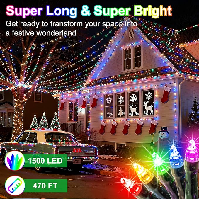 1500 LED 470FT Christmas String Lights Outdoor, 12 Modes and Timer Memory Dimmable, Plug in Waterproof Dark Green Wire Twinkle Fairy Light for for Xmas Yard Tree Wedding Party Decor (Multicolor)