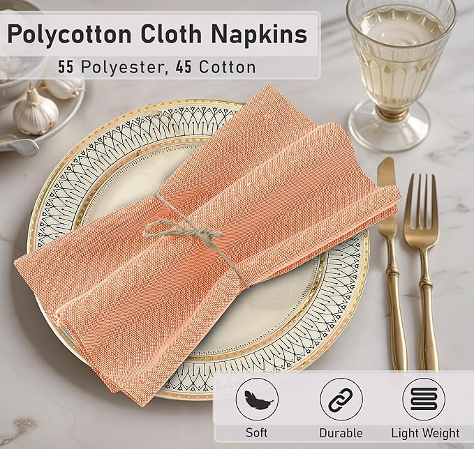 Ruvanti Cloth Napkins Set of 12, 18x18 Reusable Napkins Cloth Washable, Soft & Durable Table Napkin, Poly Cotton Fabric Dinner Napkins for Parties, Christmas, Thanksgiving, Weddings - Orange Peel