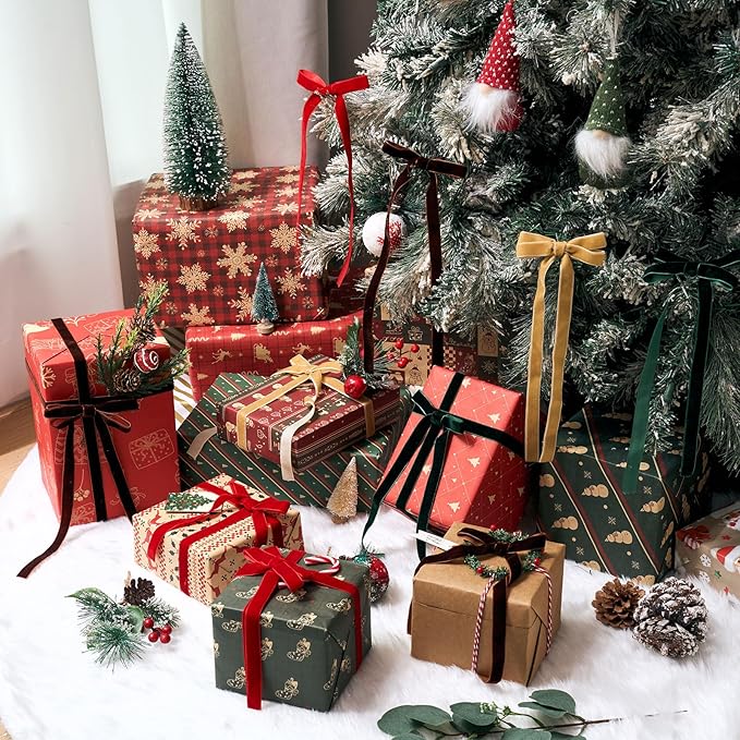 Chuangdi 80 Yards Christmas Velvet Ribbon, 4 Rolls 5/8" Vintage Thin Ribbon for Xmas Gift Wrapping Christmas Tree Wreath Ornaments DIY Crafts Decoration, Deep Red Green Brown Khaki