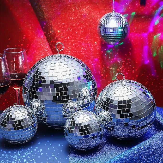Haull 8 Pcs Large Disco Ball Set Silver Mirror Disco Reflective Ball with Hanging Ring Party Ornament Decoration for Stage Club Ballroom Dance Hall Wedding Prom Props(8'', 6'', 4'')