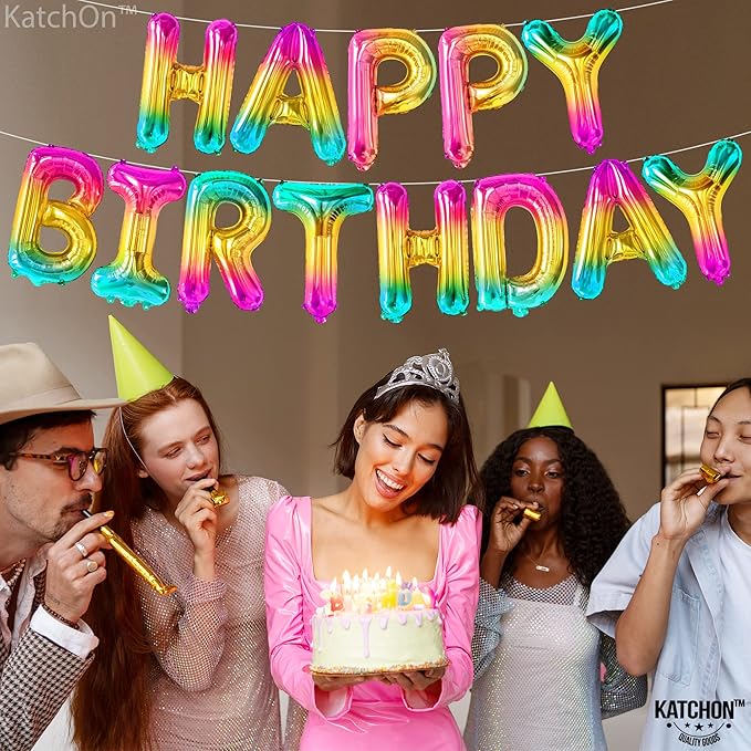 KatchOn, Rainbow Happy Birthday Balloon Letters - 16 Inch | Birthday Decorations for Women, Men, Boys and Girls | Hbd Foil Balloon Banner Backdrop For Neon Party Decorations | Birthday Signs For Party