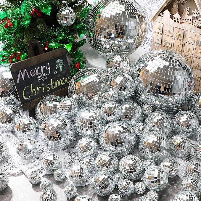 65 Pcs Disco Balls Decorations Assorted Size Disco Ball Ornament Reflective Hanging Mirror Ball Mini Large Silver Balls for Christmas Party Wedding Dance Ballroom Stage(4/2.4/2/ 1.6/1.2 in)