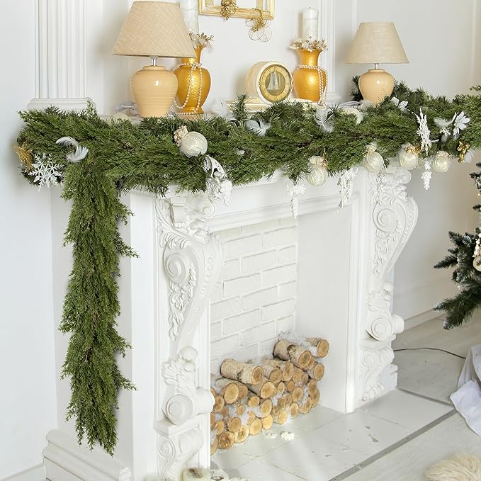 Palonu 1Pcs 9Ft Christmas Cedar Garland, Artificial Realistic Greenery Faux Garlands Touch Like Real Cypress Pine Xmas Décor, Fireplace Mantle Table Stairs Porch Indoor Outdoor Holiday Decoration