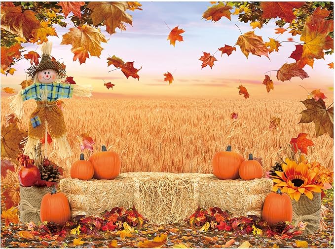 Funnytree 8X6FT Fall Backdrop Autumn Pumpkin Harvest Thanksgiving Hay Maple Leaves Background Baby Shower Birthday Party Decor Portrait Studio Photobooth Photography Props Gift Supplies