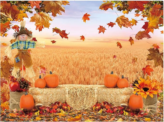 Funnytree 8X6FT Fall Backdrop Autumn Pumpkin Harvest Thanksgiving Hay Maple Leaves Background Baby Shower Birthday Party Decor Portrait Studio Photobooth Photography Props Gift Supplies