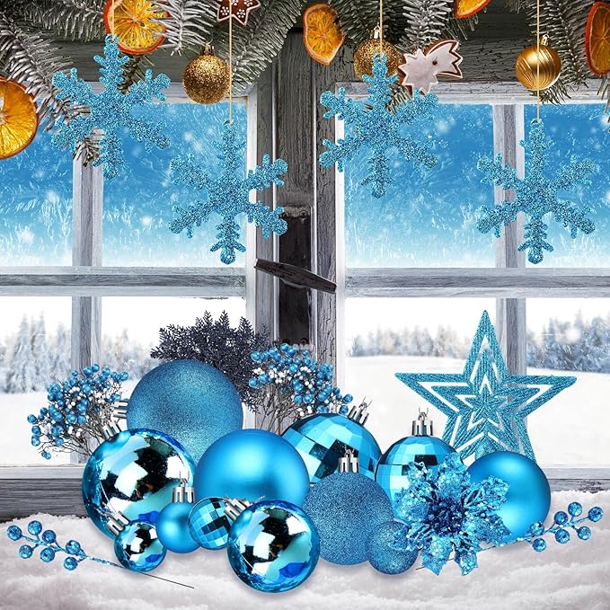 Sratte 94 Pcs Christmas Tree Decorations Set, Christmas Tree Ball Ornaments Glitter Poinsettia Flowers Decorations Glitter Berries Stems for Xmas Holiday Wedding(Lake Blue)