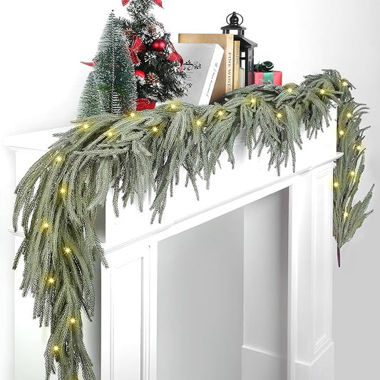 Fovths 1 Pack 9 Feet Christmas Norfolk Garlands Set Green Artificial Winter Pine Garlands Light String Faux Greenery Garland Pine Garland for Xmas Holiday Home Indoor Decor, Green and White