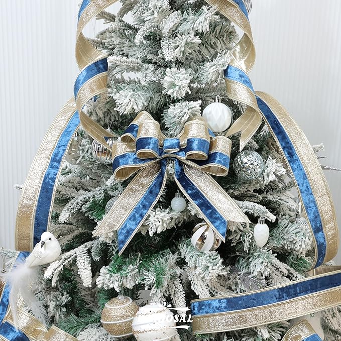 Navy Blue Velvet Wired Christmas Ribbon 2.5 Inch Blue and Gold Holiday Ribbon – 10-Yards Roll for Tree Decorations, Gift Wrapping, Wreaths, and DIY Crafts