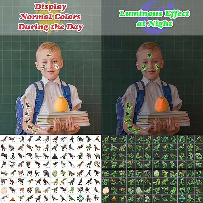 96 PCS T Rex Dinosaur Pre-Cut Temporary Tattoos Birthday Party Decorations Favors Supplies Decor 3D Tyrannosaurus Rex Dino Trex Cute Stickers Boys Girls Gift School Prizes Rewards (Luminous)