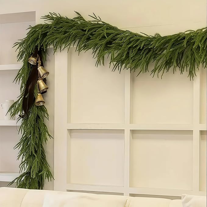 Christmas Decorations Artificial Norfolk Pine Garlands 6FT 2Pcs, Real Touch Winter Pine Garland, Green Artificial Greenery Garland for Table, Mantle, Wall, Indoor, Outdoor Decorations