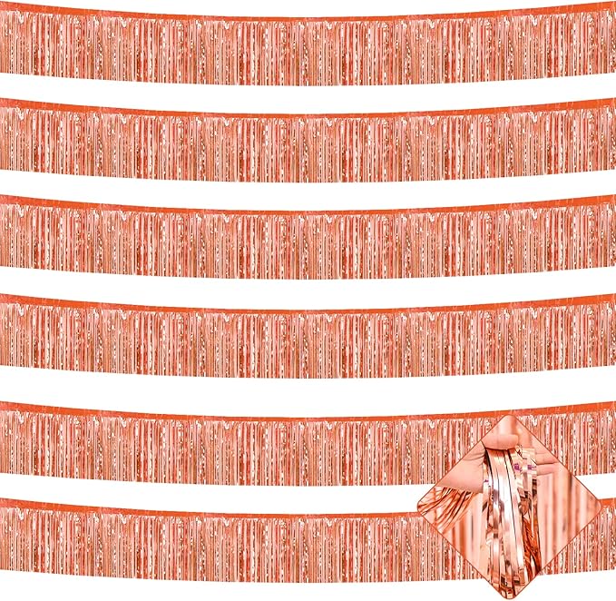 6 Pack 10 Feet Foil Fringe Garland Metallic Tinsel Streamers Banner Wall Hanging Curtain Backdrop for Parade Floats, Bachelorette, Wedding, Birthday, Halloween, Christmas Party Decorations(Rose Gold)