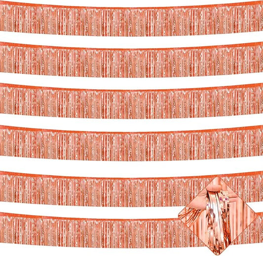 6 Pack 10 Feet Foil Fringe Garland Metallic Tinsel Streamers Banner Wall Hanging Curtain Backdrop for Parade Floats, Bachelorette, Wedding, Birthday, Halloween, Christmas Party Decorations(Rose Gold)