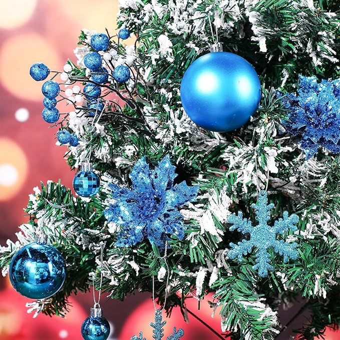 Sratte 94 Pcs Christmas Tree Decorations Set, Christmas Tree Ball Ornaments Glitter Poinsettia Flowers Decorations Glitter Berries Stems for Xmas Holiday Wedding(Lake Blue)