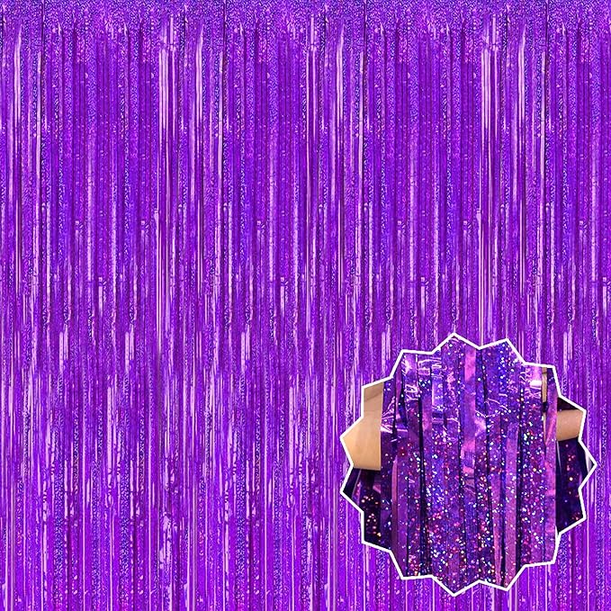 6 Pack Purple Foil Fringe Curtains Backdrop, 3.28 x 8.2 Ft Metallic Streamers Tinsel Curtains Background for Photo Booth, Birthday, Christmas, Halloween, Thanksgiving, New Year Party Decorations