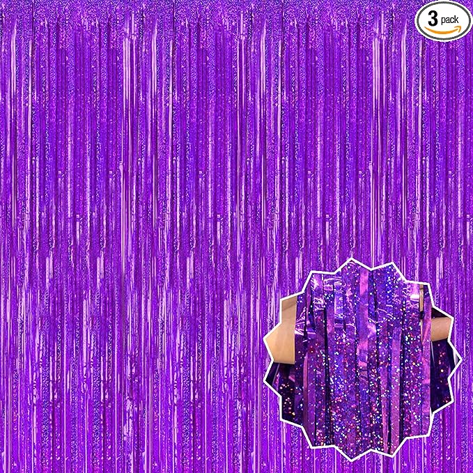 3 Pack Purple Foil Fringe Curtains Backdrop, 3.28 x 8.2 Ft Metallic Streamers Tinsel Curtains Background for Photo Booth, Birthday, Christmas, Halloween, Thanksgiving, New Year Party Decorations