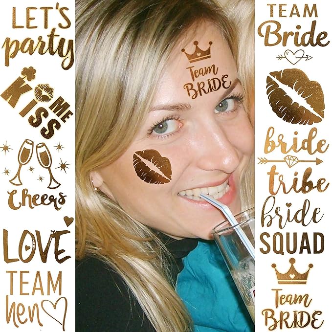 16 PCS Wedding Cheers Bachelorette Temporary Tattoos For Women Men Adults, Flash Glitter Gold Metallic Tattoos Girls Bachelor Party Favor Supplies Decoration, Bulk Bridesmaid Team Bride Tribe Love