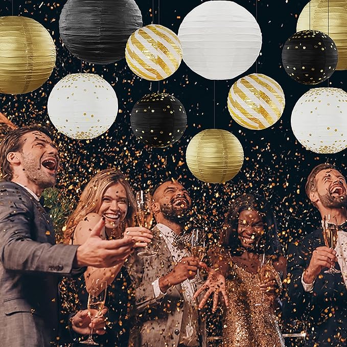Black and Gold Back to School Decorations Hanging Paper Lanterns 12pcs Paper Lanterns Decorative for Birthday Anniversary Wedding Retirement Party New Years Decorations