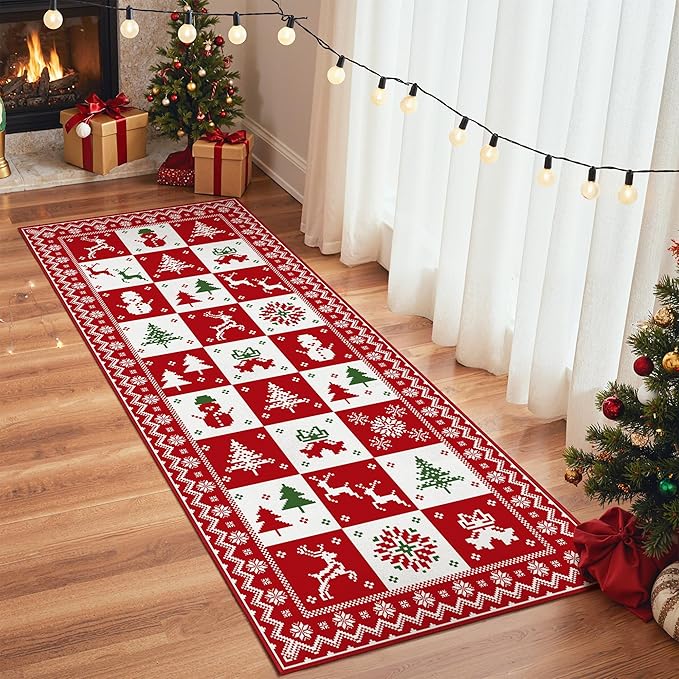 Christmas Runner Rug 2x10 Washable Rug for Hallway Kitchen Bedroom, Christmas Home Decor, Holiday Print Carpet, Low Pile Mat with Non Slip Backing, Red White Checkerboard