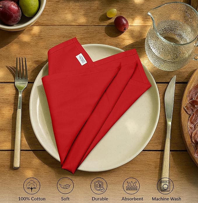 Ruvanti Premium Cloth Napkins Set of 12, 18x18 Inches, 100% Cotton, Washable, Soft & Absorbent, Perfect for Wedding, Christmas, Thanksgiving Dinners - Flame Scarlet
