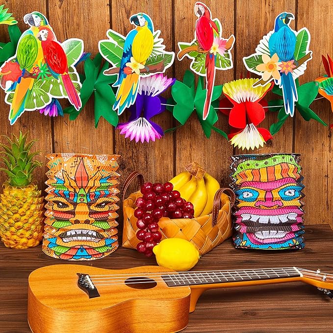 12 Piece Luau Party Decor Set 9.8 ft Hawaiian Tropical Hibiscus Garland Party Decoration Hawaii Paper Tiki Lanterns Tropical Birds Honeycomb Cutouts for Summer Birthday Hawaiian Themed Parties