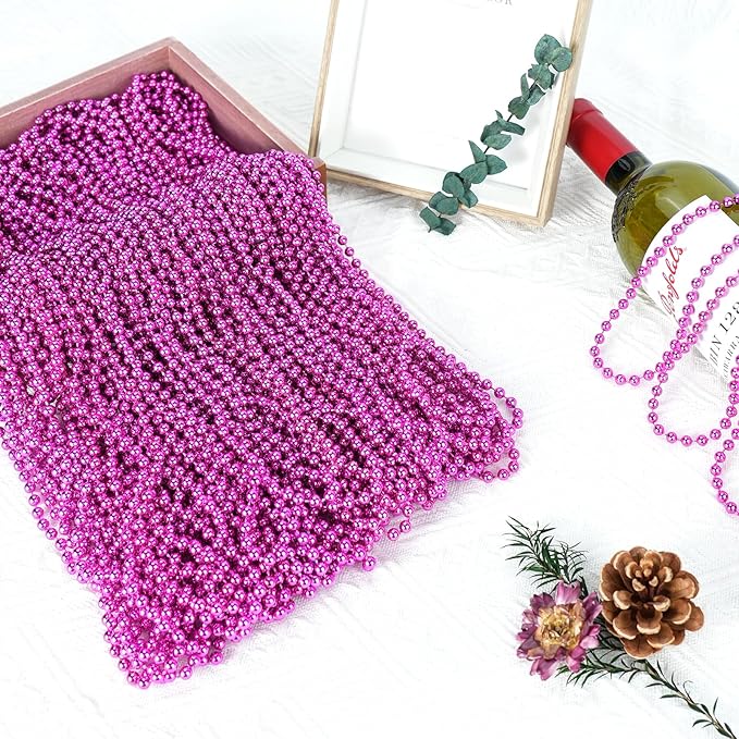 24 PCS Hot Pink Beads Necklaces, 33‘’ Pink Mardi Gras Beads, Round Cancer Beaded Necklace, Party Necklace for Mardi Gras, Christmas, Valentine's Day Party Favors