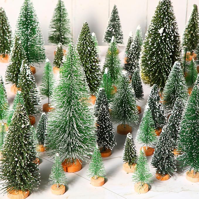SATINIOR 60 Pieces Artificial Mini Christmas Tree Sisal Snow Trees Bottle Brush Christmas Trees Pine Trees Ornaments with Wooden Base for Christmas (Dark Green, Green,1.8/2.6/3.4/4.9/6.3 Inch)