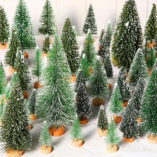 SATINIOR 60 Pieces Artificial Mini Christmas Tree Sisal Snow Trees Bottle Brush Christmas Trees Pine Trees Ornaments with Wooden Base for Christmas (Dark Green, Green,1.8/2.6/3.4/4.9/6.3 Inch)
