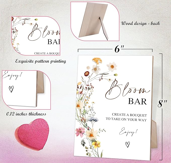Flower Bloom Bar Sign, Wedding Decorations for Reception, Bridal Shower Party Decorations, Table Centerpieces for Party, Flower Bar Supplies, 6X8 Inch Wooden Bridal Shower Signs with Stand, 1