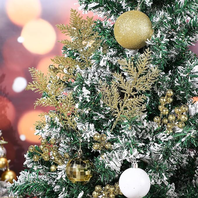 Sratte 94 Pcs Christmas Tree Decorations Set, Christmas Tree Ball Ornaments Glitter Poinsettia Flowers Decorations Glitter Berries Stems for Xmas Holiday Wedding(White, Gold)