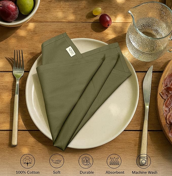Ruvanti Premium Cloth Napkins Set of 6, 18x18 Inches, 100% Cotton, Washable, Soft & Absorbent, Perfect for Wedding, Christmas, ‎Thanksgiving Dinners - Capulet Olive