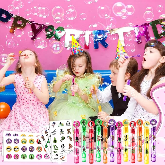 24PCS Bigfoot DIY Bubble Wands with 96PCS Stickers - Party Favor for Goodie Bags, Pinata Stuffers, Mini Bubble Bulk Birthday Supplies, Toys Gifts, Class Prizes for Toddlers, Boys & Girls