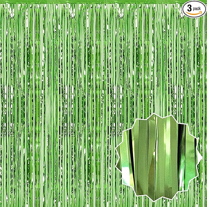 3 Pack Light Green Foil Fringe Curtains Backdrop, 3.28 x 6.6 Ft Metallic Streamers Tinsel Curtains Background for Photo Booth, Birthday, Halloween, Christmas, Thanksgiving, New Year Party Decorations