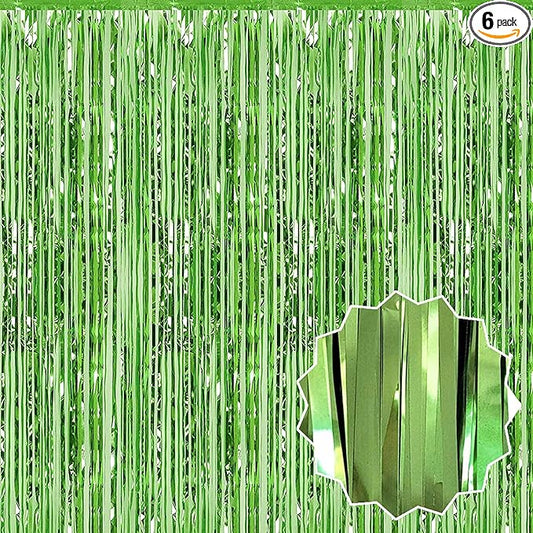 6 Pack Light Green Foil Fringe Curtains Backdrop, 3.28 x 9.8 Ft Metallic Streamers Tinsel Curtains Background for Photo Booth, Birthday, Halloween, Christmas, Thanksgiving, New Year Party Decorations