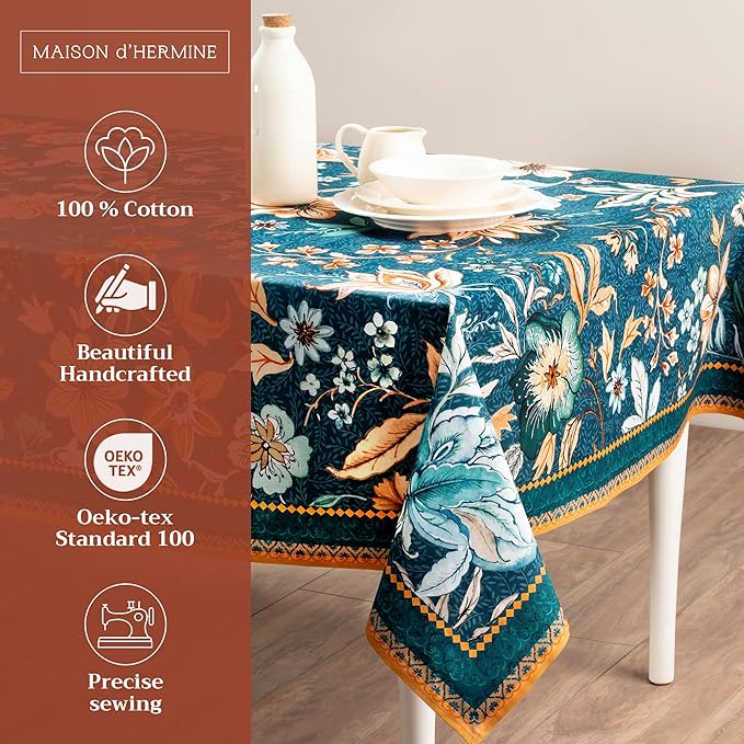 Maison d' Hermine Table Cloth Rectangle Table 100% Cotton 70 x 90 Inches Fall Tablecloth Reusable Everyday Use for Thanksgiving Christmas Decorations Dining Farmhouse Party (Luxury Loft - Dark Teal)