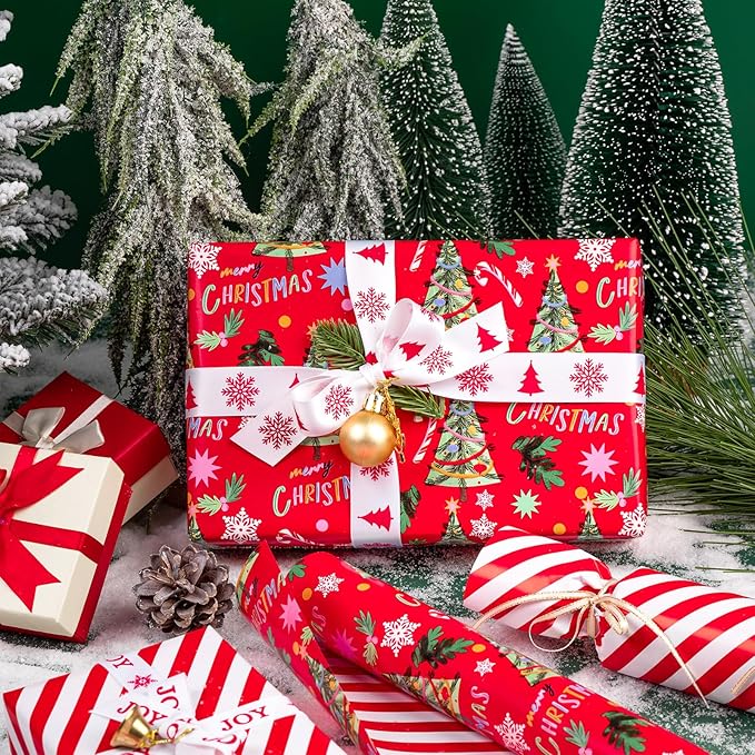 WRAPAHOLIC Reversible Christmas Wrapping Paper - Mini Roll - 17 Inch x 33 Feet - Red Christmas Tree Wrapping Paper and Stripe Design for Holiday, Party Celebration