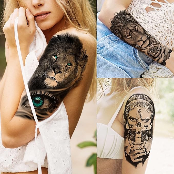 65 Sheets FANRUI Black Tiger Lion Temporary Tattoos For Men Women Arm Sleeve, Waterproof Tattoo Stickers Adults Snake Wolf Rose Flower Compass, 3D Skull Owl Fake Tattoos That Look Real And Last Long