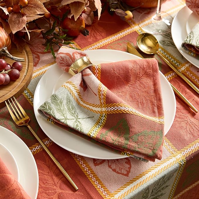 Newbridge Whispering Leaves Rust Orange and Green Plaid Thanksgiving Tablecloth, 60 x 84 Inch Rectangle, Autumn Leaf Woven Fabric Table Cover, Fall Harvest Dining Decor
