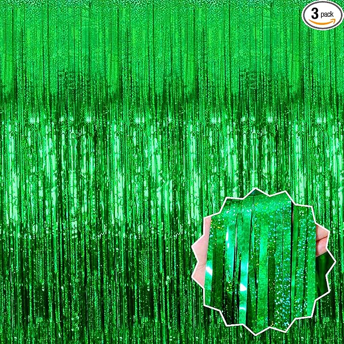 3 Pack Green Foil Fringe Curtains Backdrop, 3.28 x 8.2 Ft Metallic Streamers Tinsel Curtains Background for Photo Booth, Birthday, Christmas, Halloween, Thanksgiving, New Year Party Decorations