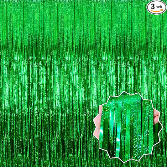 3 Pack Green Foil Fringe Curtains Backdrop, 3.28 x 8.2 Ft Metallic Streamers Tinsel Curtains Background for Photo Booth, Birthday, Christmas, Halloween, Thanksgiving, New Year Party Decorations