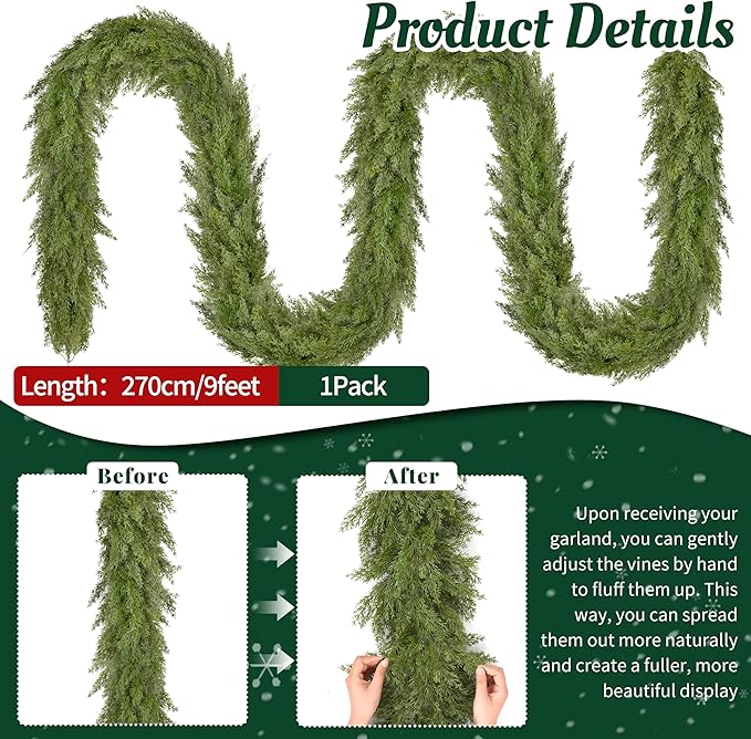 Palonu 1Pcs 9Ft Christmas Cedar Garland, Artificial Realistic Greenery Faux Garlands Touch Like Real Cypress Pine Xmas Décor, Fireplace Mantle Table Stairs Porch Indoor Outdoor Holiday Decoration