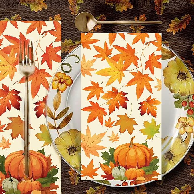 Fall Napkins Disposable 50 Pcs Fall Leaves Paper Napkins Decorative Falls Pumpkin Cocktail Napkins Autumn Napkin Thanksgiving Napkin Guest Hand Towels for Thanksgiving Autumn Harvest Party Supplies