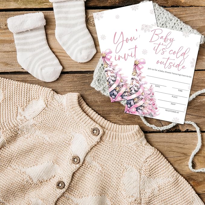 4'' x 6'' Baby It's Cold Outside Baby Shower Invitations - 25 Pink Bow Tree Invited Cards with Envelopes - Winter Announcement Invites for Girls, Gender Reveal Party Supplies & Decor -A05