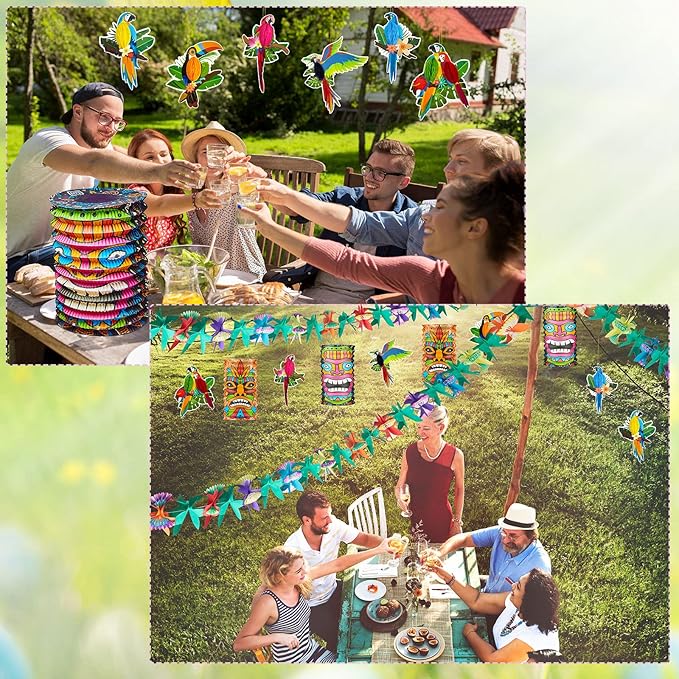 12 Piece Luau Party Decor Set 9.8 ft Hawaiian Tropical Hibiscus Garland Party Decoration Hawaii Paper Tiki Lanterns Tropical Birds Honeycomb Cutouts for Summer Birthday Hawaiian Themed Parties
