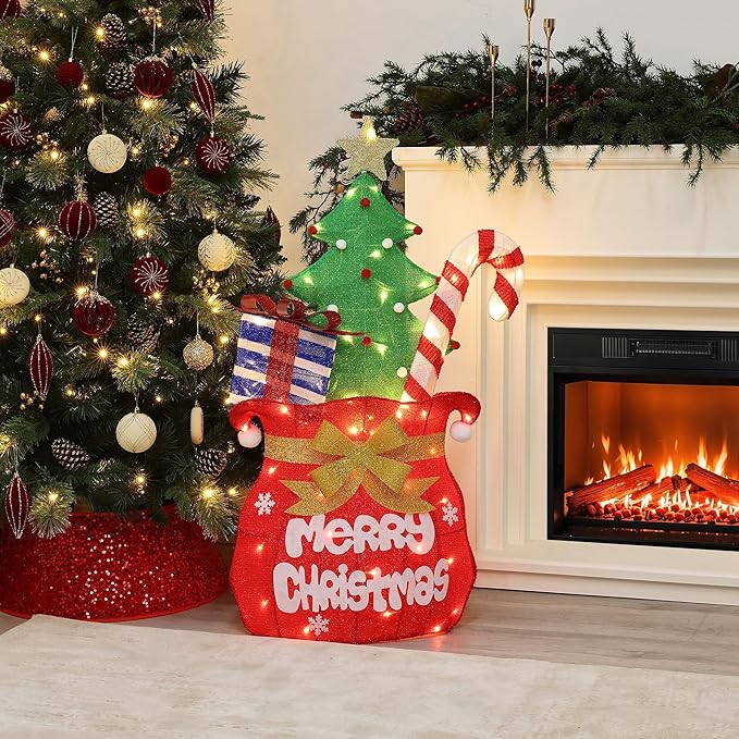 LuxenHome 3.5FT Lighted Christmas Outdoor Decorations, Colorful Santa's Gift Bag Indoor & Outdoor Holiday Yard Decor with 60 LED Lights, Plug-in Xmas Ornament for Holiday, Porch, Lawn, Garden Display