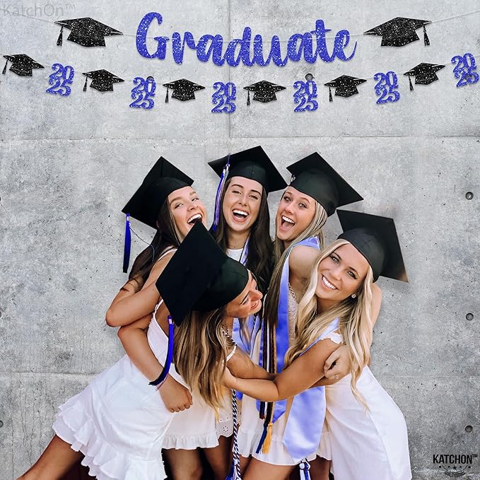 KatchOn, Glitter, Black and Blue Graduation Banner - 10 Feet | Congrats Grad Banner | Black and Blue Grad Decorations Class of 2025 | graduation Cap Garland | Graduation Decorations 2025