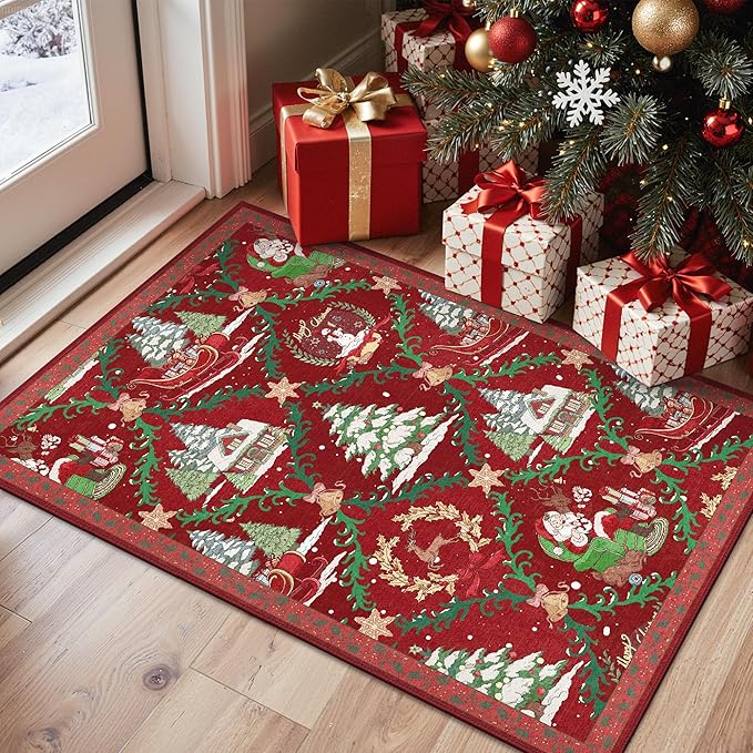 Christmas Rug 2x3 Washable Rugs for Entryway Bedroom, Christmas Home Decor, Holiday Print Carpet, Low Pile Non Slip Mat with Rubber Backing, Crimson Christmas Tale Pattern